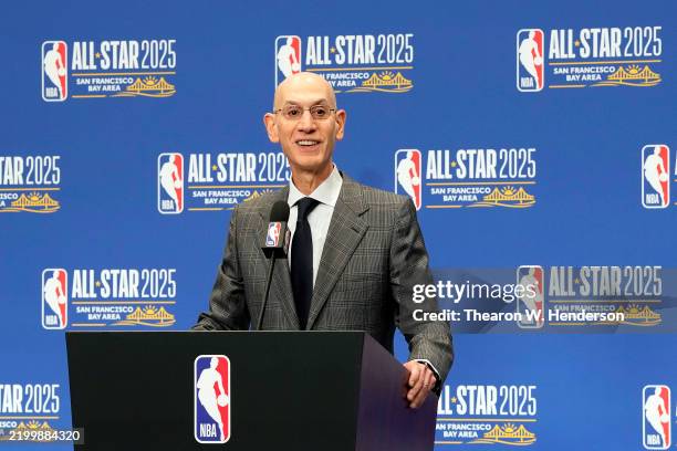 Commissioner Adam Silver speaks to media at a press conference during 2025 NBA All-Star Weekend at Chase Center on February 15, 2025 in San...