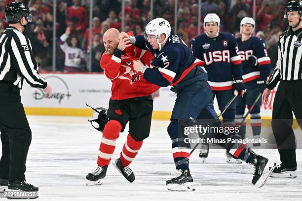 Brady Tkachuk of Team USA and Sam Bennett of Team Canada fight during the first period in the 4 Nations Face-Off game at the Bell Centre on February...