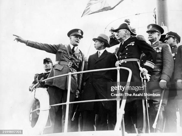 Prince Takamatsu is on RMS Aquitania on arrival at New York Port on April 10, 1931 in New York City.