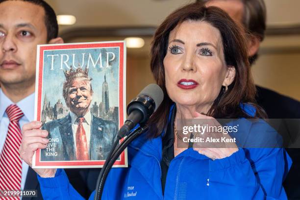 New York Governor Kathy Hochul addresses the media following President Trump's efforts to kill New York's congestion pricing on February 19, 2025 in...