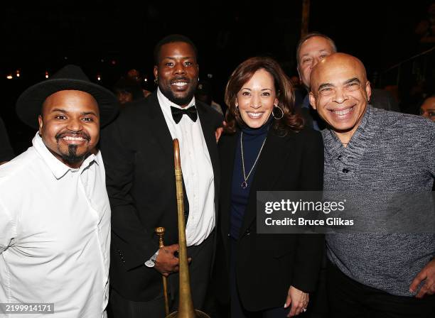 Kamala Harris poses with members of the cast at the new musical "A Wonderful World: The Louis Armstrong Musical " on Broadway at Studio 54 Theatre on...