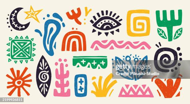 a colorful tribal pattern in abstract shapes, geometric symbols, and organic motifs in a hand-drawn style. - tribal pattern stock illustrations