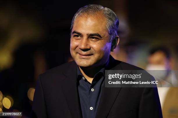 Chairman of PCB Mohsin Naqvi looks on during the ICC Champions Trophy 2025 curtain raiser event at Diwan-e-Aam, Lahore Fort on February 16, 2025 in...
