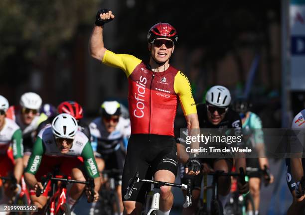 Milan Fretin of Belgium and Team Cofidis celebrates at finish line as race winner during the 38th Clasica de Almeria 2025 a 189.1km one day race from...