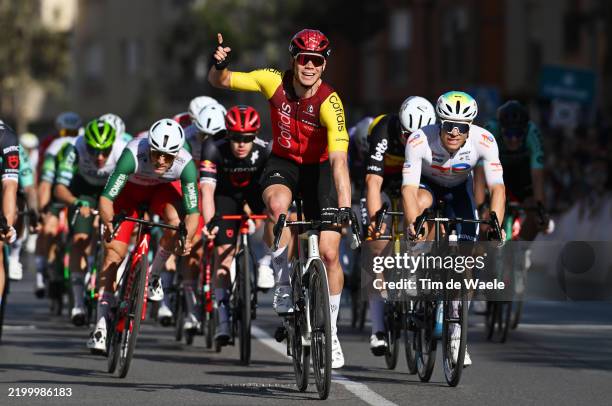 Milan Fretin of Belgium and Team Cofidis celebrates at finish line as race winner during the 38th Clasica de Almeria 2025 a 189.1km one day race from...