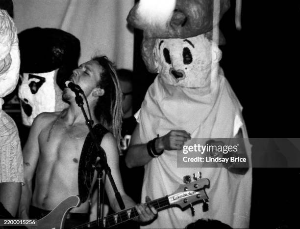 Joe Russo performs in Green Jellö, aka Green Jelly, with costumed bandmembers at the Jellö Loft in Hollywood on December 31, 1991 in Los Angeles.