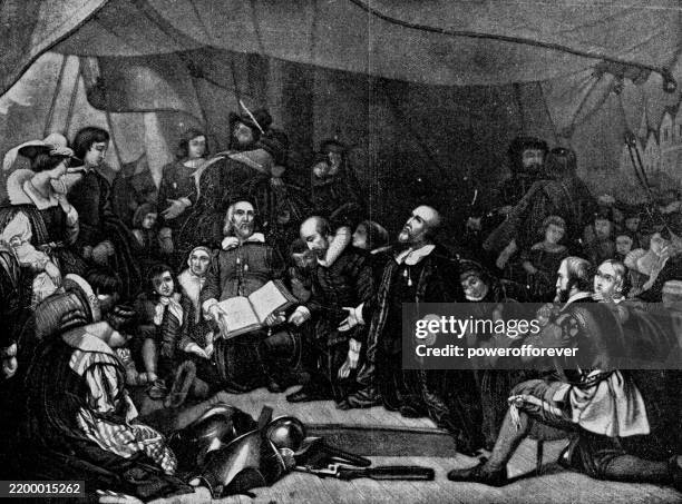 the embarkation of the pilgrims, painting by robert walter weir - 19th century - pilgrims stock illustrations