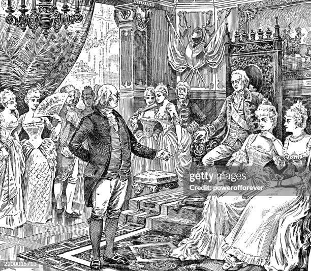 illustrations, cliparts, dessins animés et icônes de benjamin franklin à la cour du roi louis xvi à versailles, france - 18ème siècle - monarque rôle social