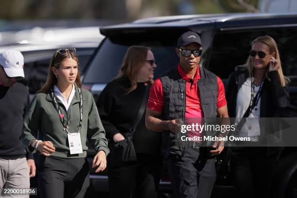 Kai Trump and Tiger Woods arrive to the course during the final round of The Genesis Invitational 2025 at Torrey Pines Golf Course on February 16,...