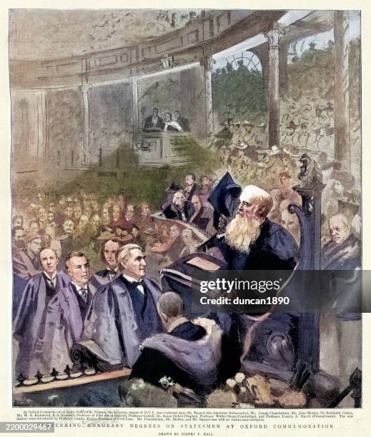conferring honorary degrees on statesmen at oxford commemoration, 1896, victorian 1890s 19th century - oxford graduation stock illustrations