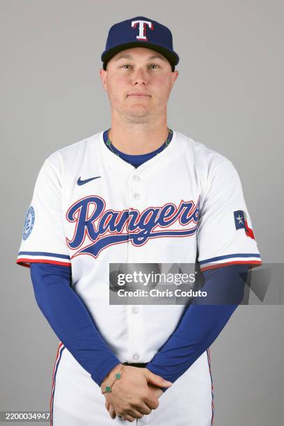 Joc Pederson of the Texas Rangers poses for a photo during the Texas Rangers Photo Day at Surprise Stadium on Wednesday, February 19, 2025 in...