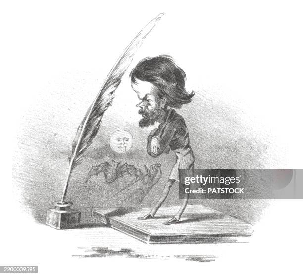 caricature of a writer with quill and inkwell - bristle stock pictures, royalty-free photos & images