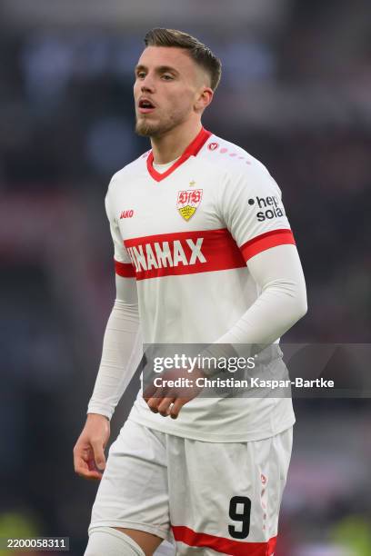 Ermedin Demirovic of VfB Stuttgart reacts during the Bundesliga match between VfB Stuttgart and VfL Wolfsburg at MHPArena on February 15, 2025 in...