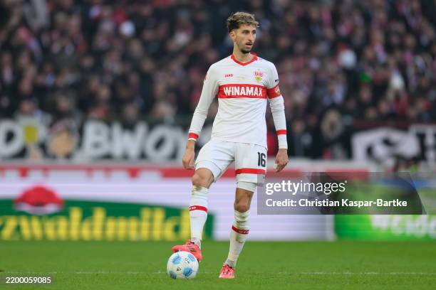 Atakan Karazor of VfB Stuttgart in action during the Bundesliga match between VfB Stuttgart and VfL Wolfsburg at MHPArena on February 15, 2025 in...