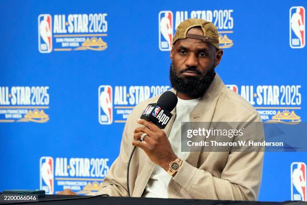 Lebron James of the Los Angeles Lakers and Shaq's OGs speaks to media in a press conference during the 74th NBA All-Star Game at Chase Center on...