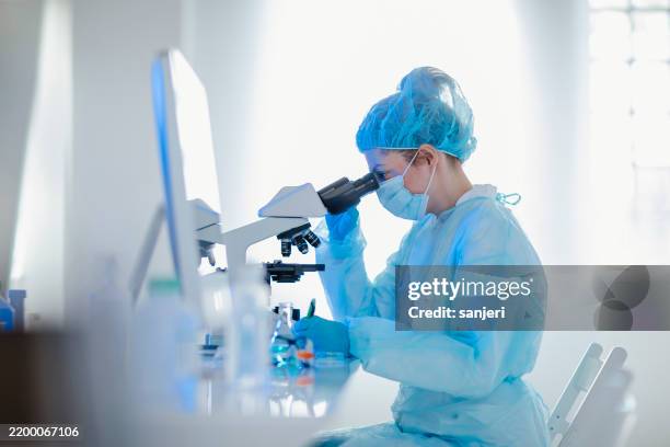 focused lab technician inspecting specimens - bioteknologi bildbanksfoton och bilder