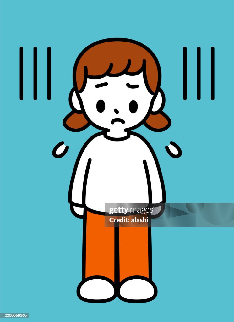 A cute girl with brown ponytail hair, standing, feeling sad, worried, nervous, pressured, distressed, or uneasy—black outline with flat colors