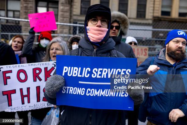 Federal workers and protestors speak out against U.S. President Donald Trump and Elon Musk, the tech billionaire, who is leading the so-called...
