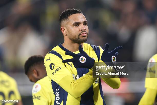 Youssef En Nesyri of Fenerbahce celebrates after scoring his team's first goal during the Turkish Super League match between Fenerbahce and Kasimpasa...