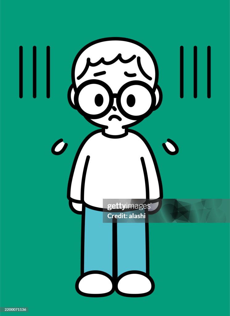 A cute boy with short hair and eyeglasses, standing, feeling sad, worried, nervous, pressured, distressed, or uneasy—black outline with flat colors
