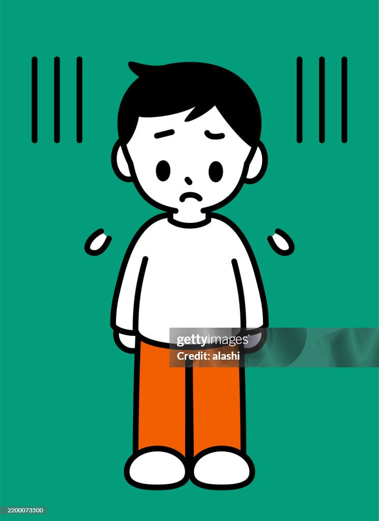 A cute boy with short black hair, standing, feeling sad, worried, nervous, pressured, distressed, or uneasy—black outline with flat colors