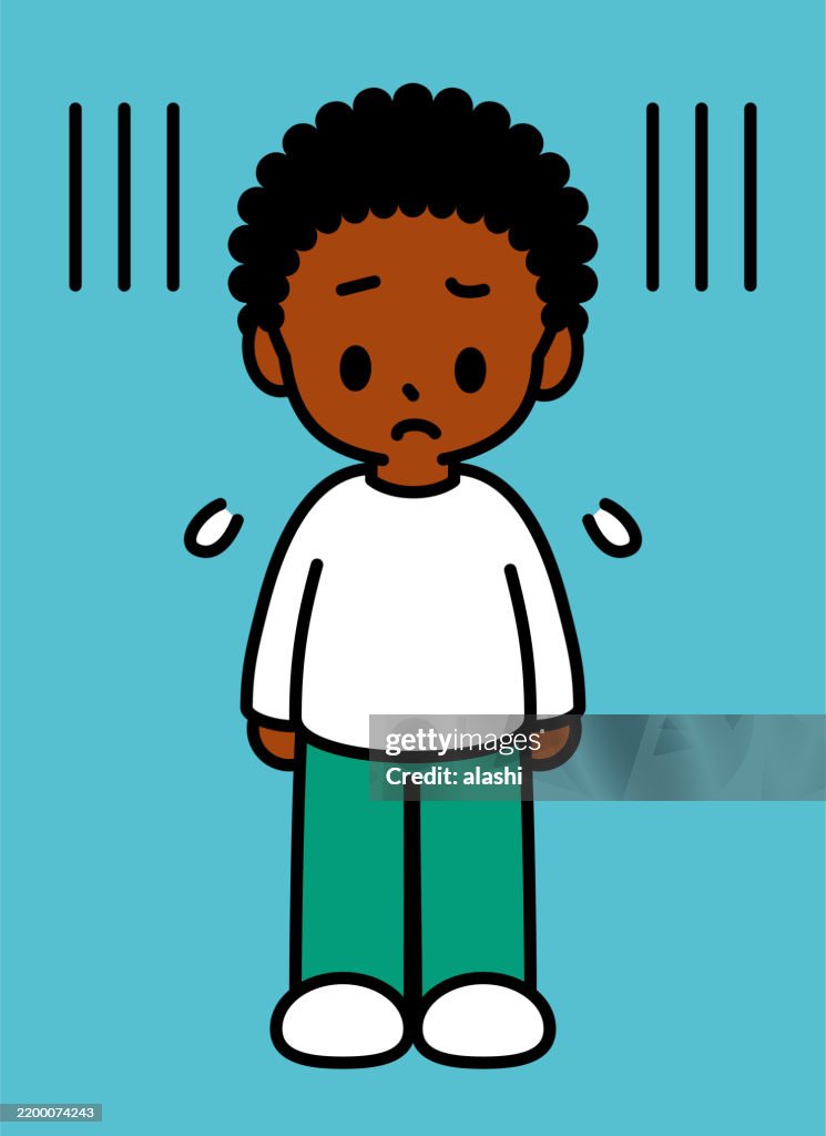 Ein süßer schwarzer Junge mit Afro-Frisur, stehend, traurig, besorgt, nervös, unter Druck gesetzt, verzweifelt oder unruhig – schwarzer Umriss mit flachen Farben