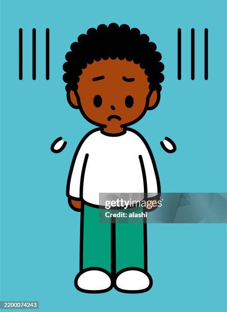 a cute black boy with an afro hairstyle, standing, feeling sad, worried, nervous, pressured, distressed, or uneasy—black outline with flat colors - compression sleeve stock illustrations