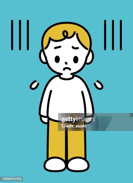 a cute boy with short blond hair, standing, feeling sad, worried, nervous, pressured, distressed, or uneasy—black outline with flat colors - compression sleeve stock illustrations