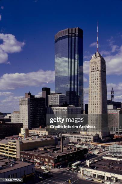 View looking north at skyscrapers in downtown Minneapolis, Minnesota, January 1973. Prominent in the skyline are the Foshay Tower, right, an Art Deco...