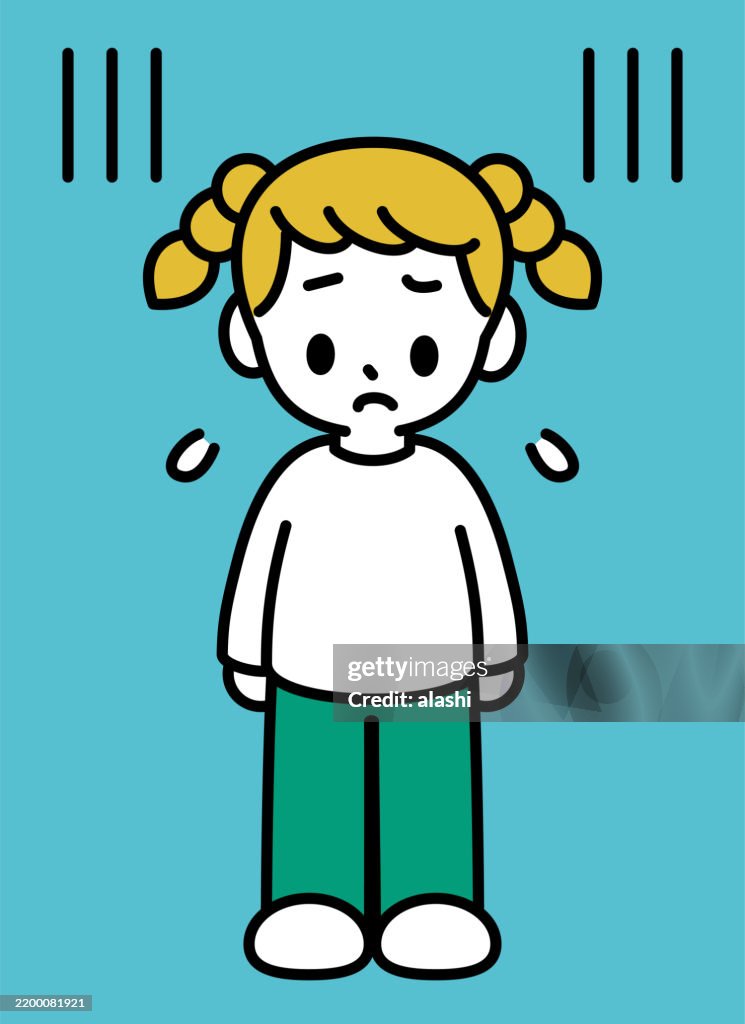 A cute girl with blond braided ponytail hair, standing, feeling sad, worried, nervous, pressured, distressed, or uneasy—black outline with flat colors