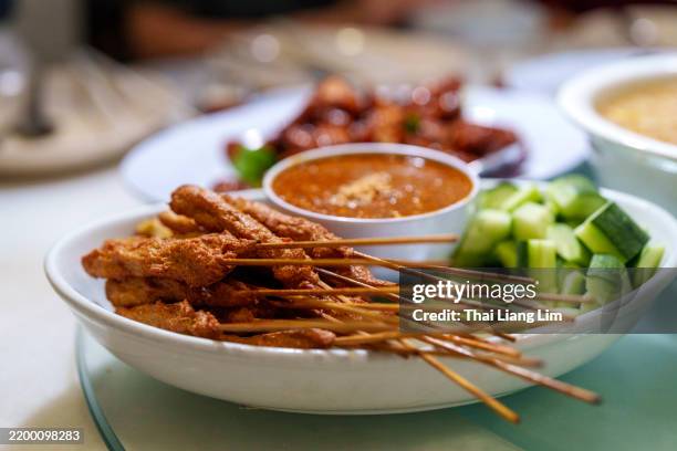 malaysian satay skewers with peanut sauce - satay stock pictures, royalty-free photos & images
