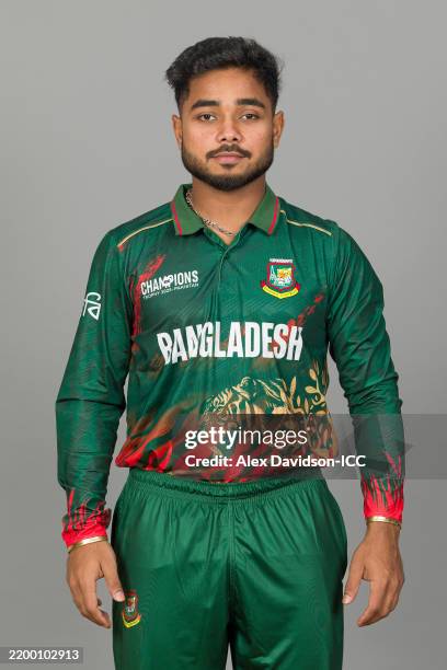 Parvez Hossain Emon of Bangladesh poses for a portrait during the ICC Champions Trophy 2025 Portrait Session on February 16, 2025 in Dubai, United...