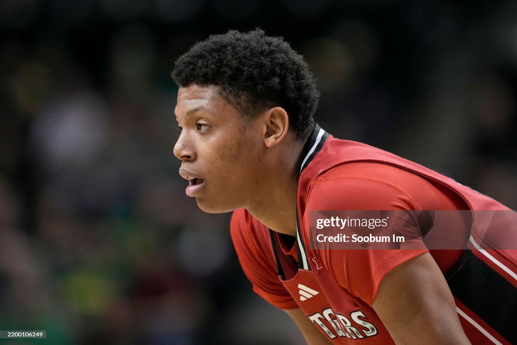 Oregon Rutgers Ace Bailey of the Rutgers Scarlet Knights looks on during the second ...