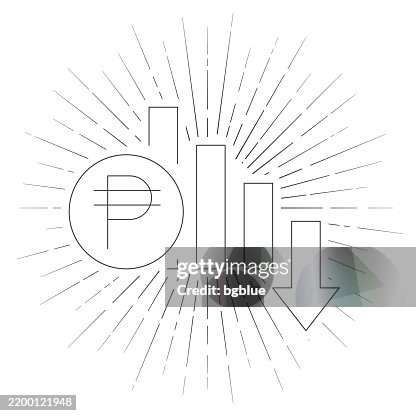 Peso rate decrease. Line icon with sunbursts on white background Peso rate decrease. Line icon with sunbursts on white background