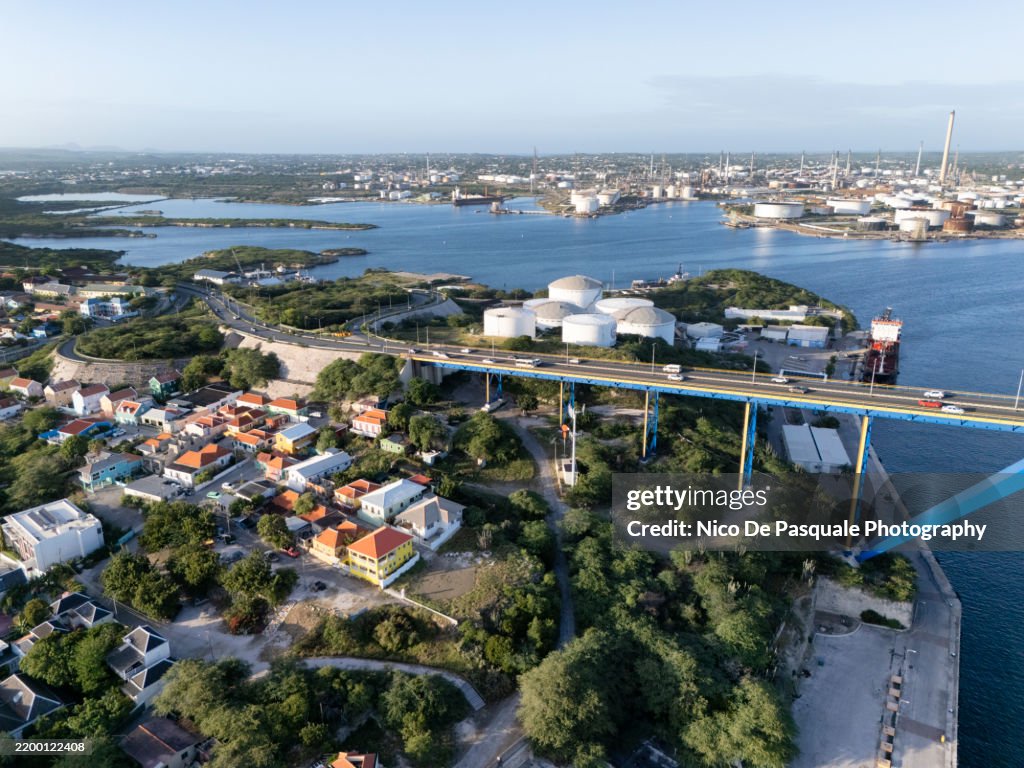 Aerial View of Willemstad with Queen Juliana Bridge and Oil Storage Facilities
