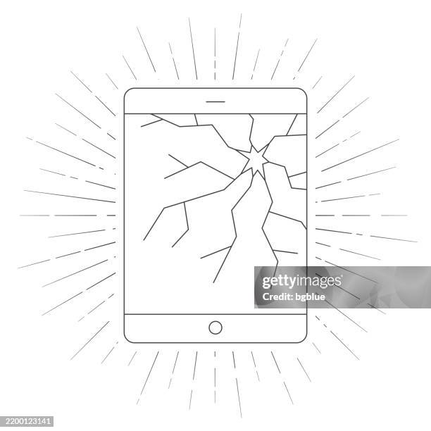 tablet pc with broken screen. line icon with sunbursts on white background - broken tablet screen stock illustrations
