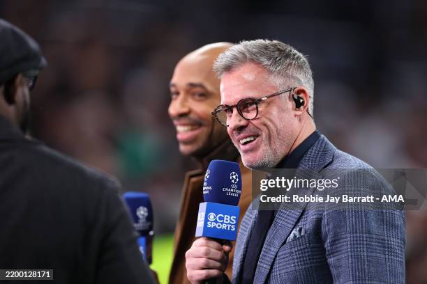 Jamie Carragher working as a TV pundit for CBS Sport during the UEFA Champions League 2024/25 League Knockout Play-off second leg match between Real...