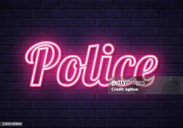 stockillustraties, clipart, cartoons en iconen met police - glowing neon text on brick wall background - politieverklaring