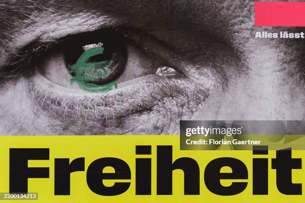 Defaced campaign poster for the Bundestag election featuring Christian Lindner, Head of Free Democratic Party, is pictured on February 20, 2025 in...