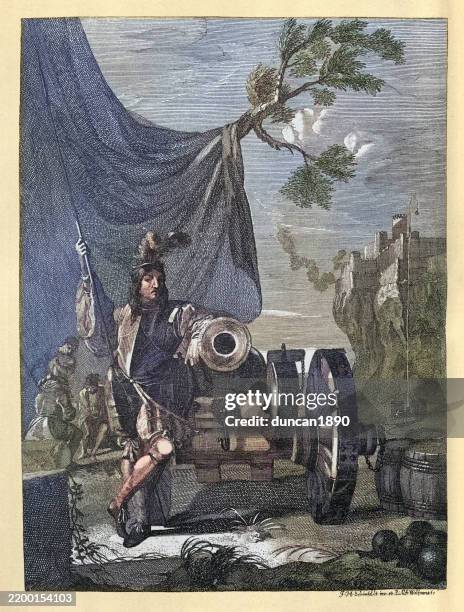 military history, artillery soldier standing by a canon, 17th century art, german after johann heinrich schönfeld, vintage illustration - gun barrel stock illustrations