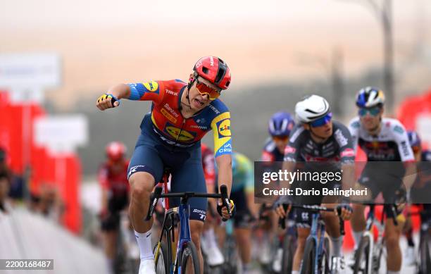Jonathan Milan of Italy and Team Lidl-Trek celebrates at finish line as stage winner during the to the 7th UAE Tour, Stage 1 a 138km stage from...