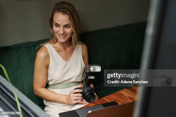thinking, laptop or happy woman photographer on camera for creative project, startup and blog collection. production catalog, media press and freelancer with pictures, editing ideas and post upload - average photo editing by professional photographers stock pictures, royalty-free photos & images