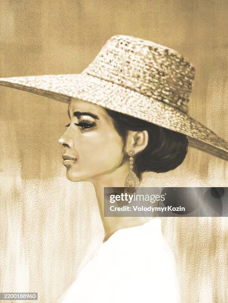 painted profile portrait of a young woman in a straw hat - straw hat stock illustrations