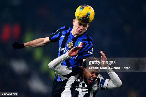 Nicolò Barella of FC Internazionale in action during the Serie match between Juventus and Inter at on February 16, 2025 in Turin, Italy.