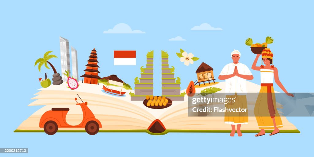 Culture elements and landmarks of Indonesia in infographic collage with open guide book