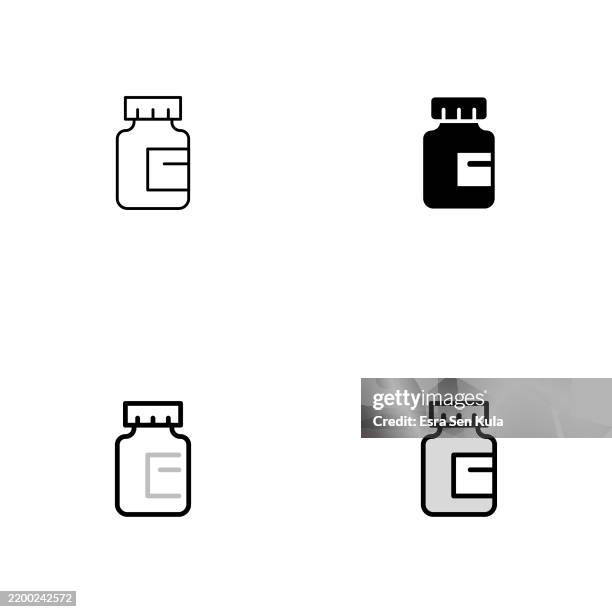 pill bottle icon design in four styles with editable stroke. line, solid, flat line, and duotone line. suitable for web page, mobile app, ui, ux, and gui design. - prescription bottle pills white background stock illustrations
