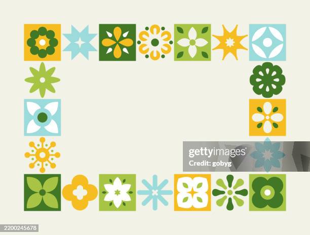 ilustrações de stock, clip art, desenhos animados e ícones de abstract geometric flower frame in rectangle background - canteiro de flores