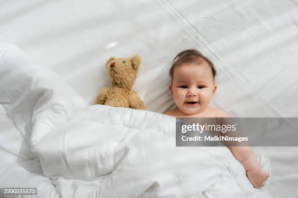 sunny smiles and teddy bear hugs - baby diaper sleeping stock pictures, royalty-free photos & images