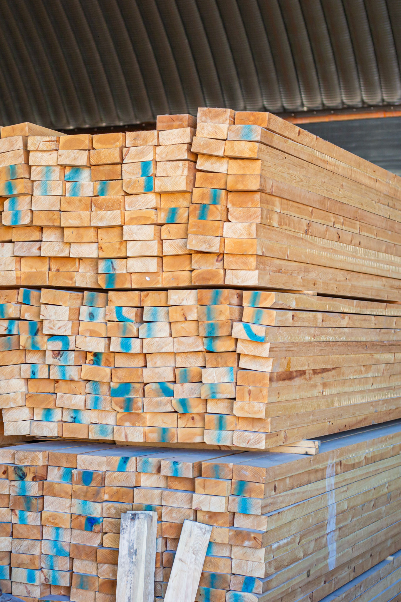 Stacked wooden planks in close-up at lumber warehouse. Air-drying timber stack. Wood air drying. Wood for house construction. Wood industry. Stacked wooden planks in close-up at lumber warehouse. Air-drying timber stack. Wood air drying. Wood for house construction. Wood industry.