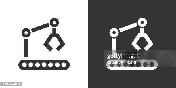 robotic production glyph solid icon. black and white icon series. perfect pixel isolated on white and black background - factory inspector stock illustrations